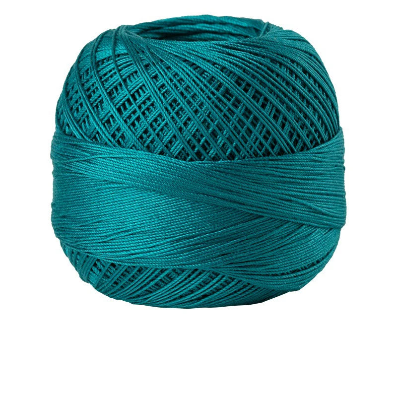 A ball of teal green 100% cotton crochet thread used for tatting and embroidery.