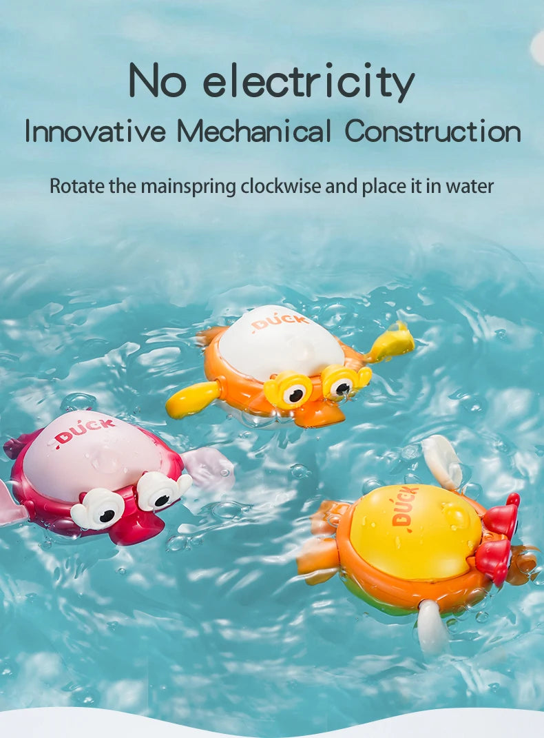 A set of wind-up swimming bath toys featuring ducks and other animals floating in blue water.
