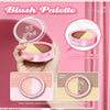 A pink blush palette with two simulation bulshers and a silver print, shown being held by a hand.