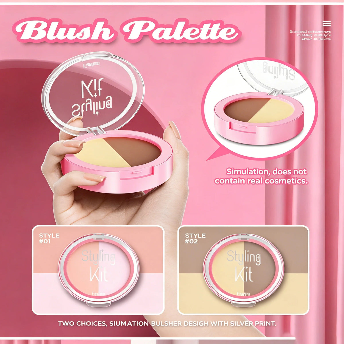 A pink blush palette with two simulation bulshers and a silver print, shown being held by a hand.