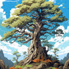 A large, ancient tree dominates a landscape painting by numbers scene under a bright blue sky.