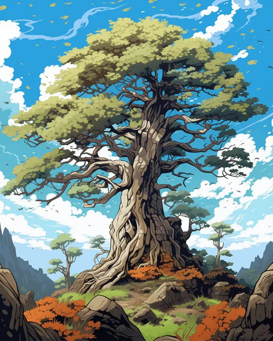 A large, ancient tree dominates a landscape painting by numbers scene under a bright blue sky.