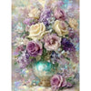 A vibrant floral arrangement featuring pink, purple, and cream roses and filler flowers.