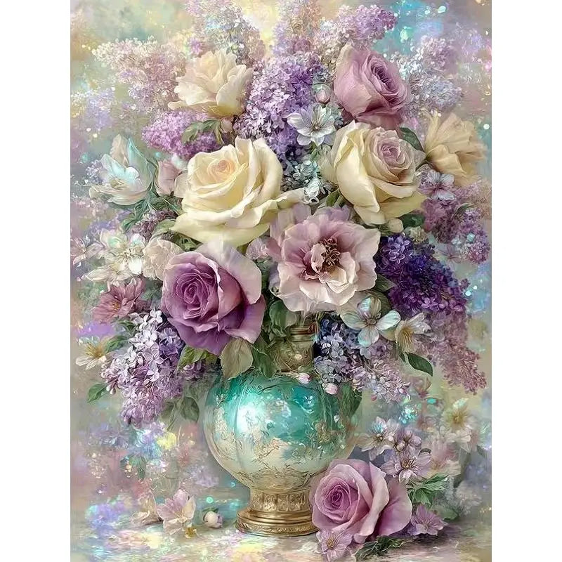 A vibrant floral arrangement featuring pink, purple, and cream roses and filler flowers.
