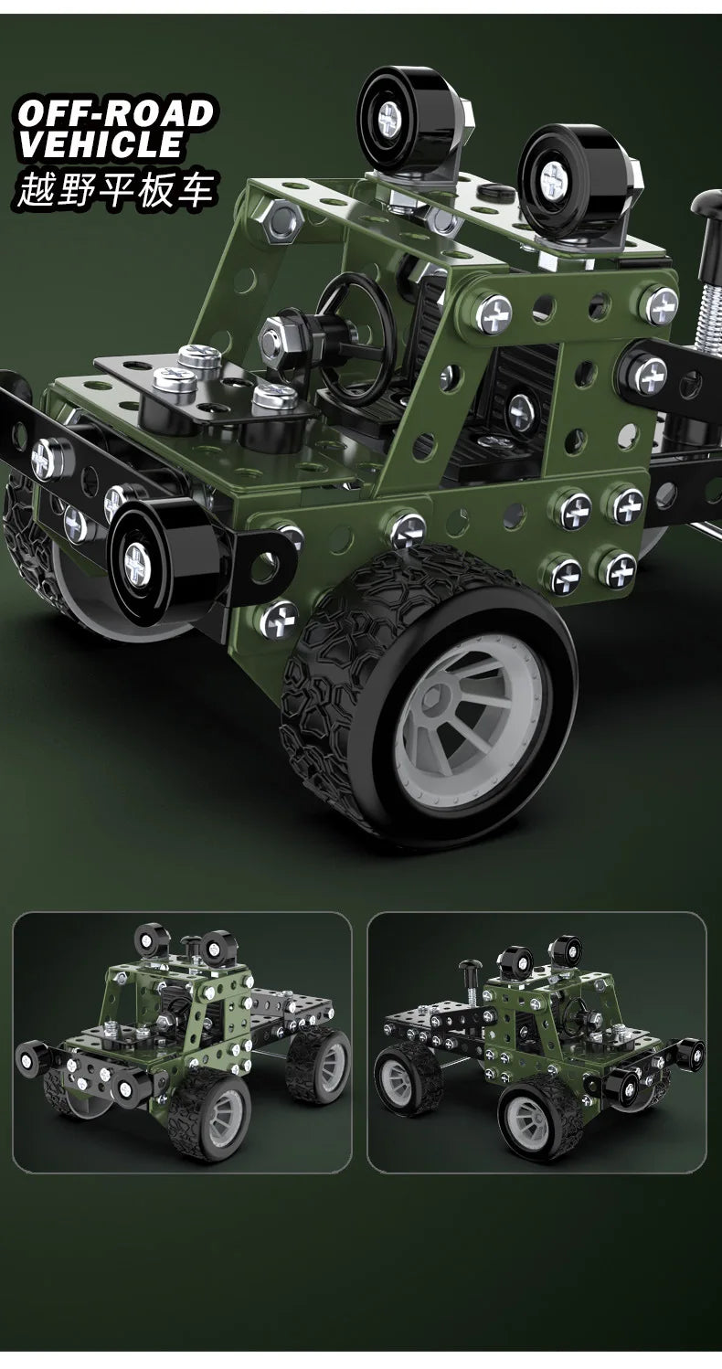 A detailed model of an off-road vehicle built from metal building blocks, featuring large tires and a visible drivetrain.