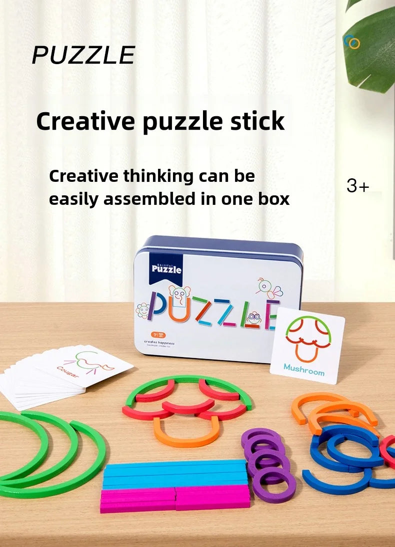 A collection of colorful wooden puzzle sticks and shapes for creative thinking and assembly.