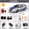 A 1/18 scale GTR R34 RC drift car with gyro stabilization and various accessories shown.