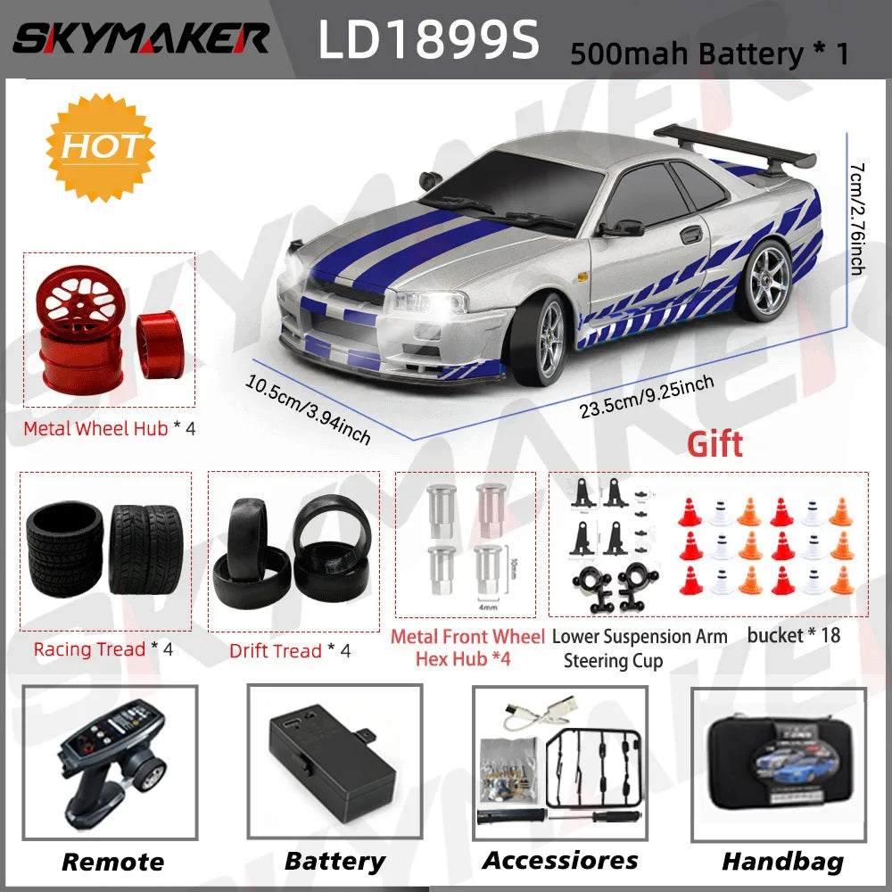 A 1/18 scale GTR R34 RC drift car with gyro stabilization and various accessories shown.