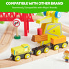 A wooden train set featuring yellow and black trains and a yellow construction vehicle on a wooden track.