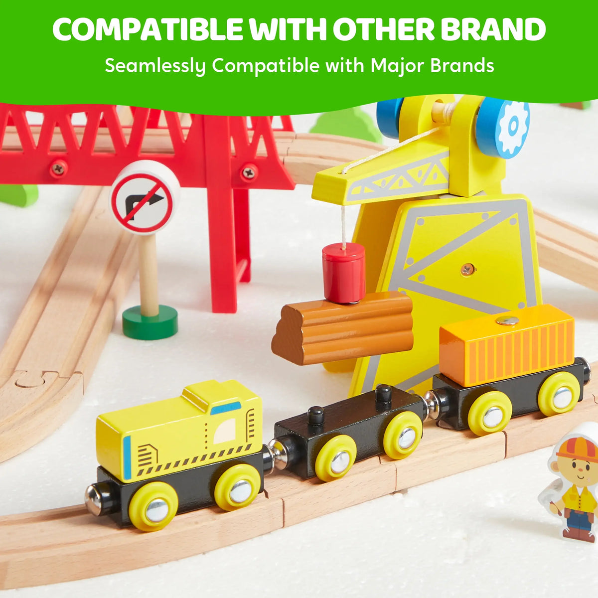 A wooden train set featuring yellow and black trains and a yellow construction vehicle on a wooden track.
