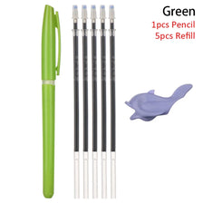 Green automatic fade pens with five black refills and a purple pen silhouette