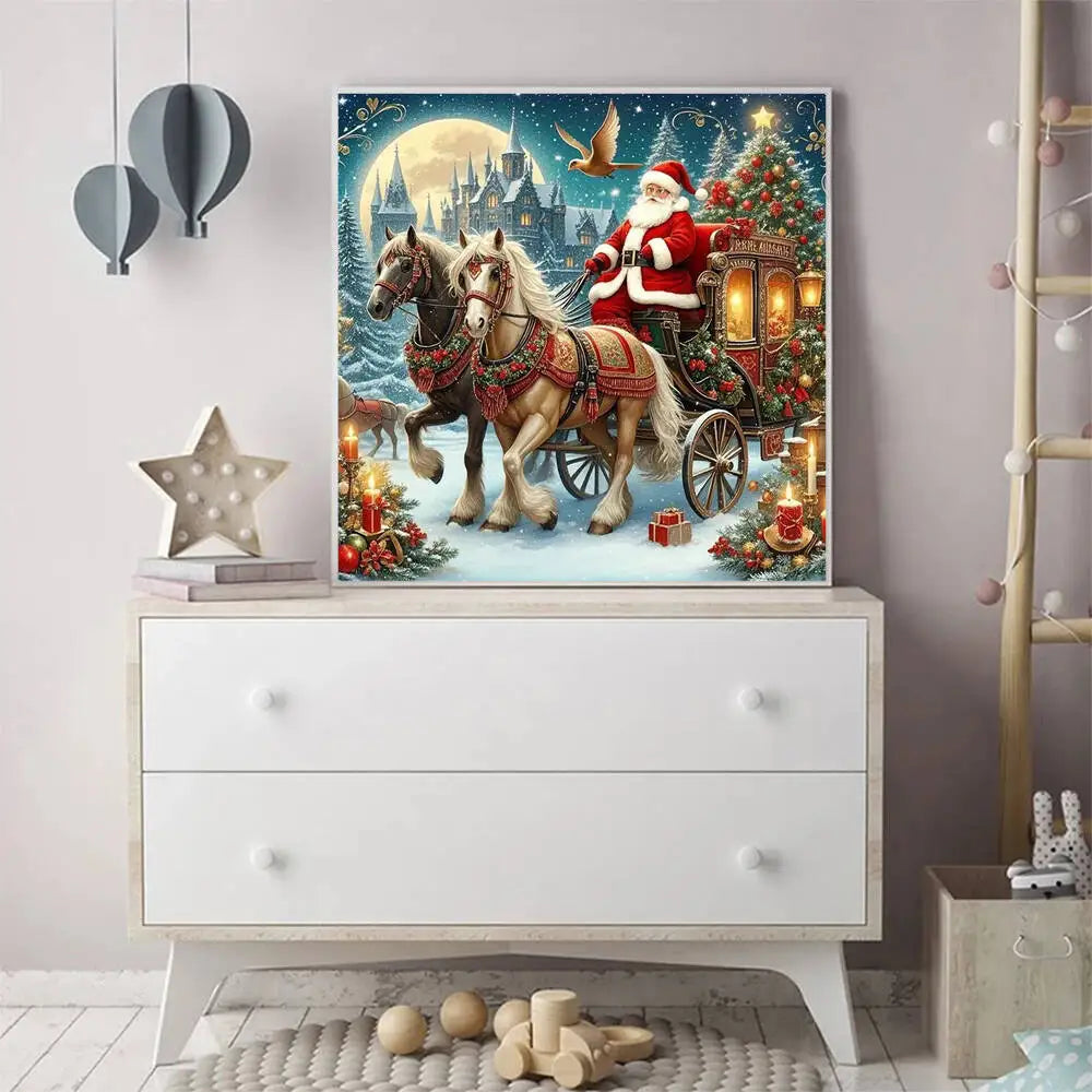 A diamond painting kit featuring a festive scene of Santa Claus and reindeer against a snowy winter background.