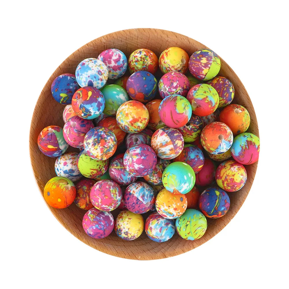 A wooden bowl filled with colorful, round silicone beads for jewelry making.
