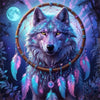 A majestic blue wolf with glowing eyes is framed by a circular wreath of vines and adorned with iridescent feathers.