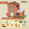 A model brick building set depicting a house with a flower room courtyard and a master bedroom.