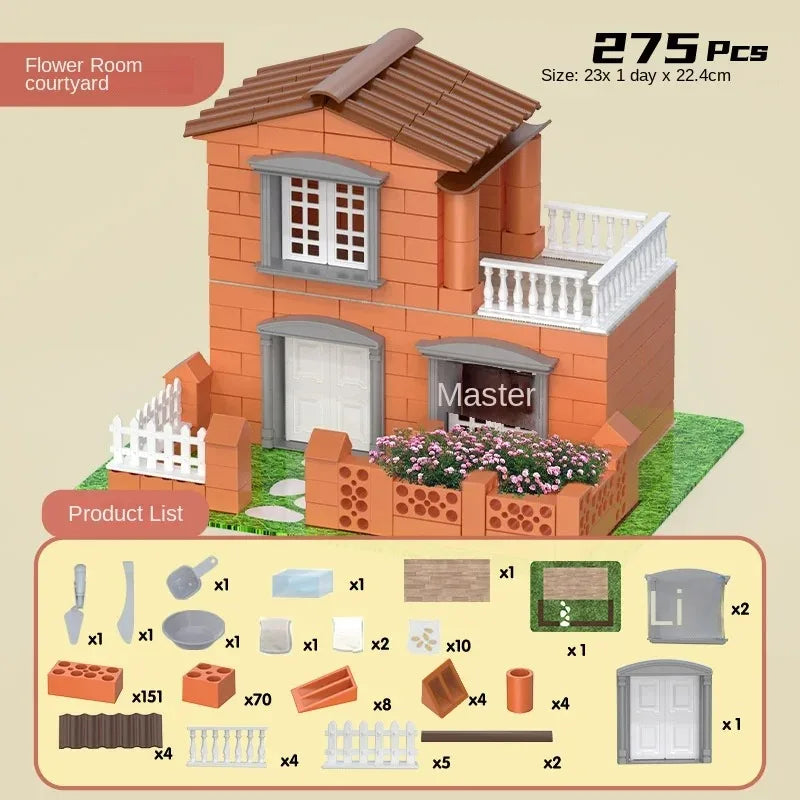 A model brick building set depicting a house with a flower room courtyard and a master bedroom.