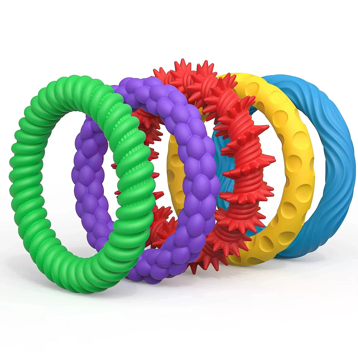 A set of colorful, textured silicone fidget bracelets in green, purple, red, yellow, and blue.