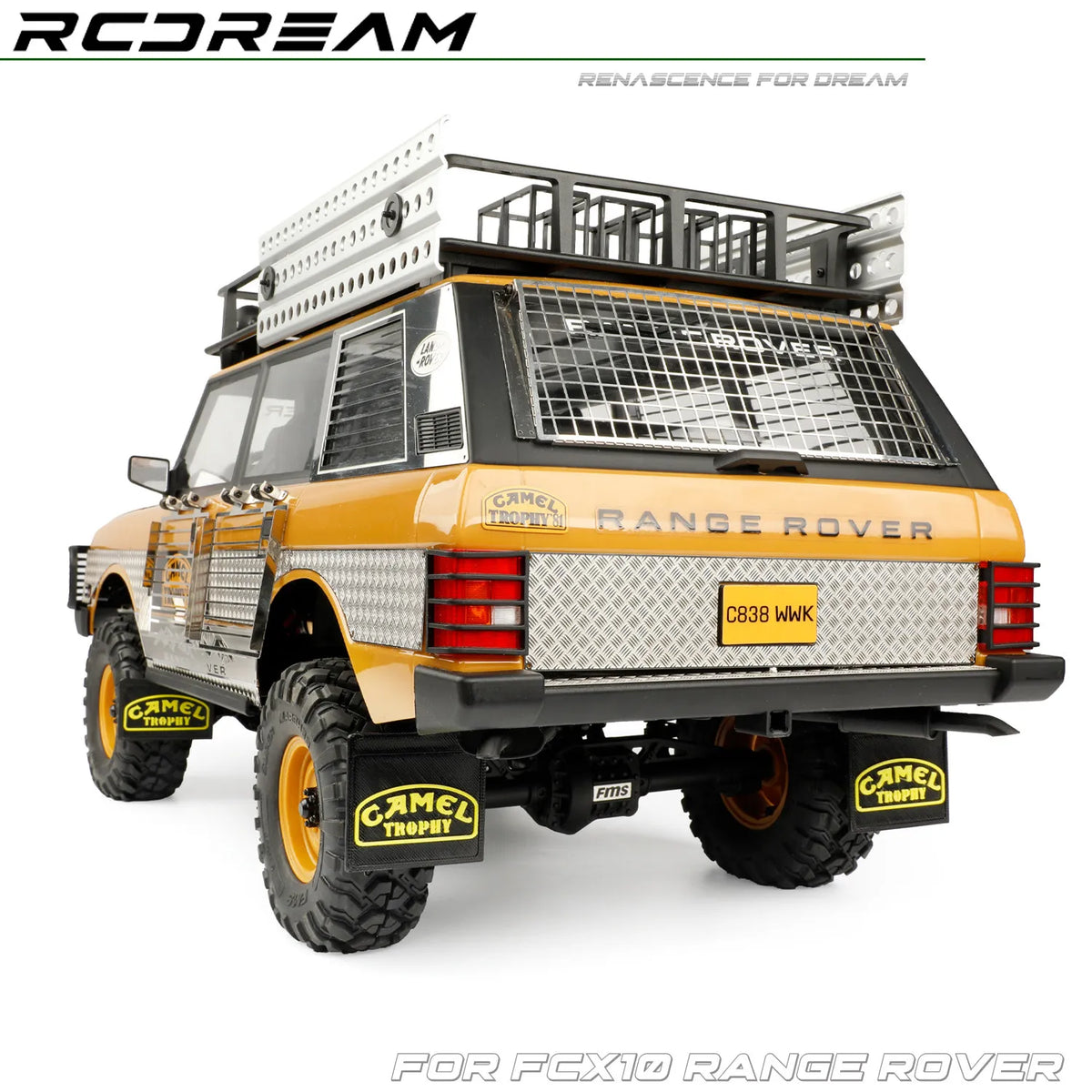 A yellow RC Range Rover with a roof rack and mud flaps, shown for the FCX10 Range Rover upgrade kit.