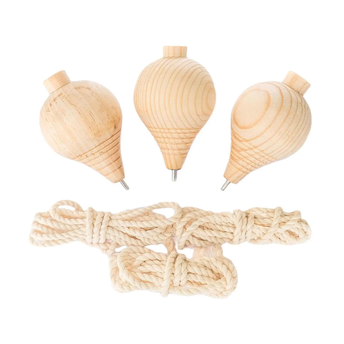 Three unfinished wooden spinning tops with steel points for paint your own craft toys