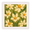 A punch needle embroidery kit featuring a green background with yellow and white flower patterns.