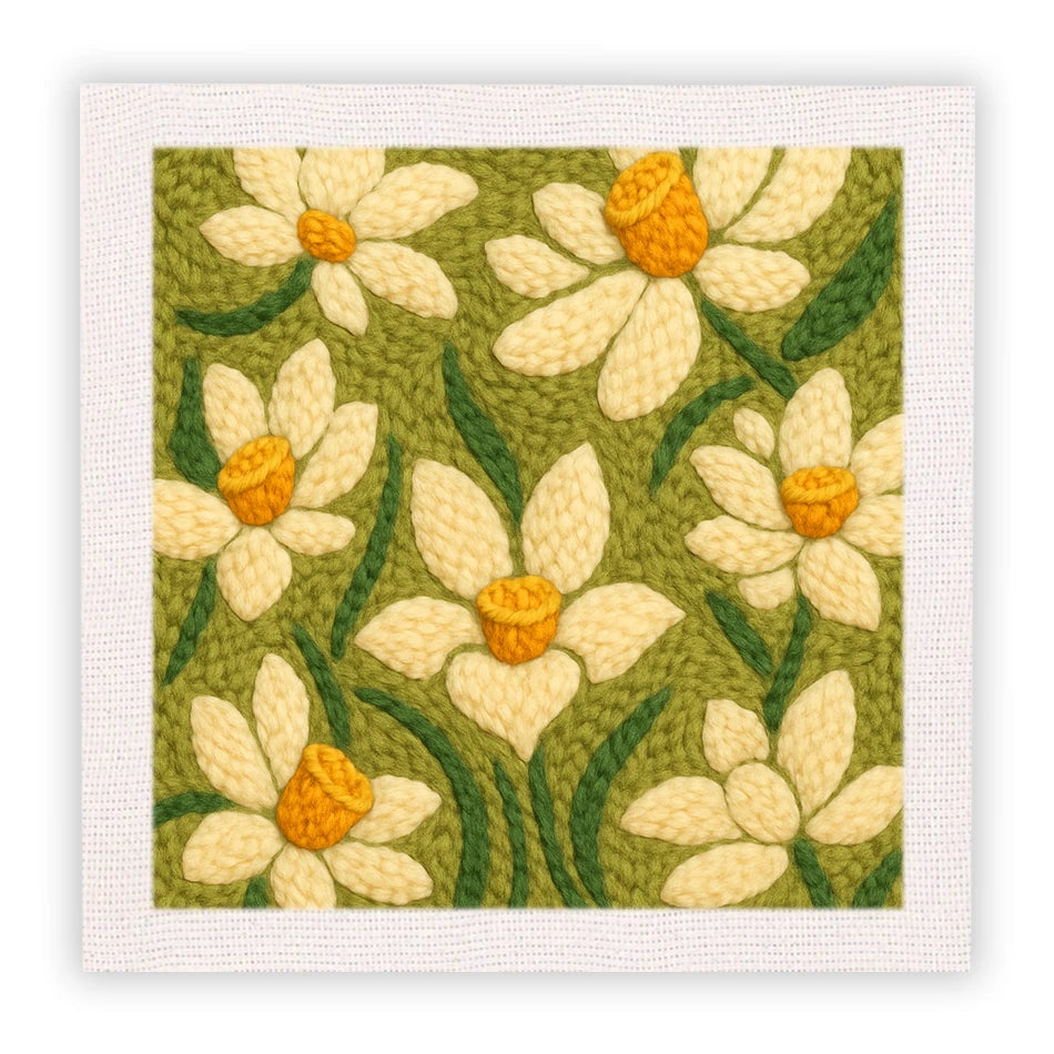 A punch needle embroidery kit featuring a green background with yellow and white flower patterns.
