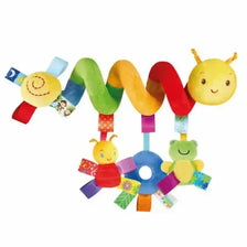 A colorful musical spiral crib toy featuring a yellow bee character with spinning and rattling actions.