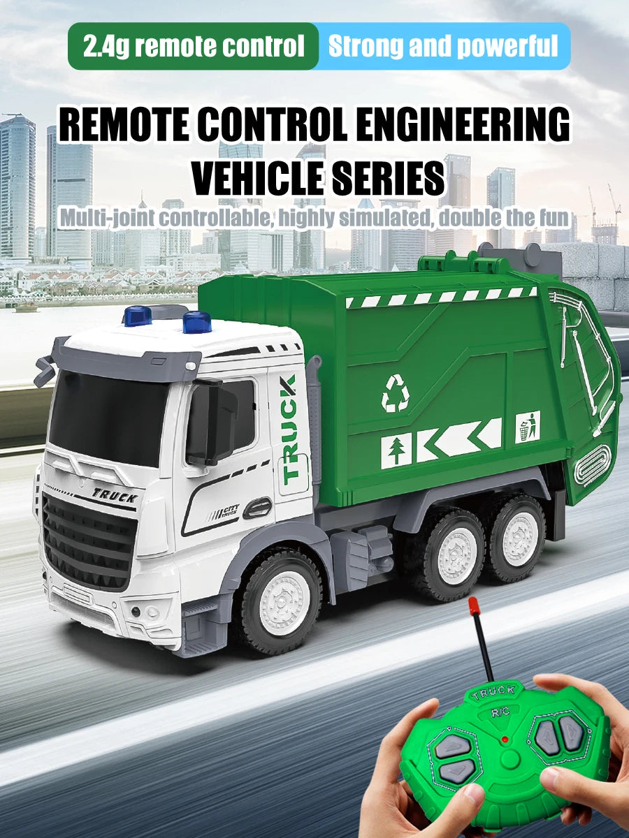 A green and white remote control truck is shown being operated by a hand.