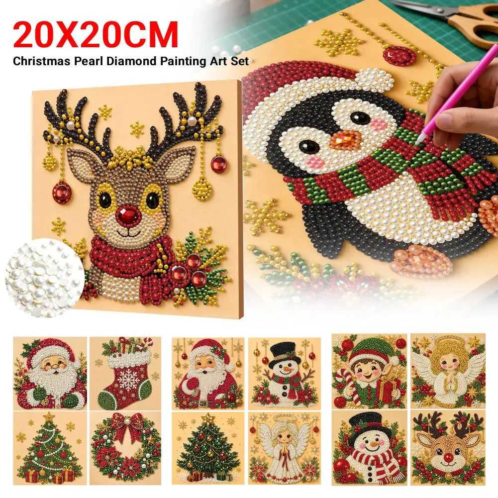 Christmas pearl diamond painting art set featuring a reindeer, Santa, and festive holiday scenes on a wooden frame