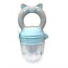A light blue silicone baby food feeder with a handle and clear bowl for teething