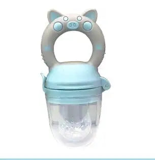 A light blue silicone baby food feeder with a handle and clear bowl for teething