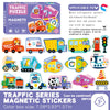 A box of magnetic traffic series stickers featuring various vehicles and animals for a puzzle