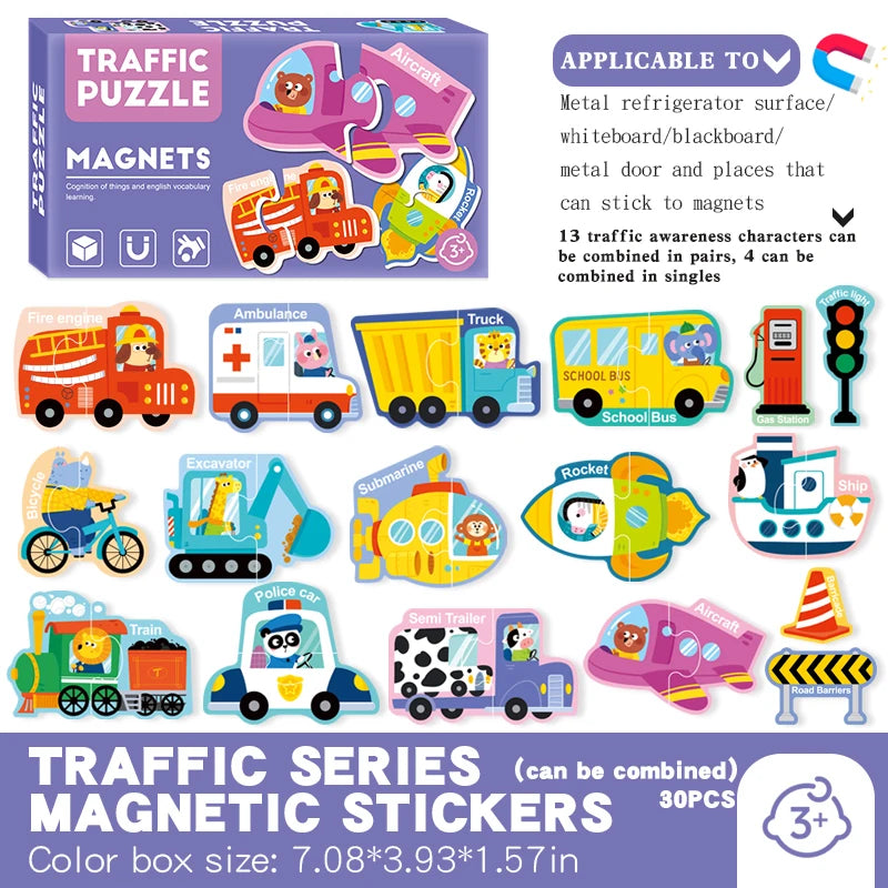 A box of magnetic traffic series stickers featuring various vehicles and animals for a puzzle