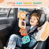 A toddler is playing with a Montessori busy board activity toy installed in a car seat.