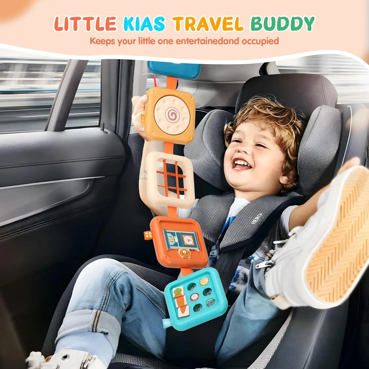 A toddler is playing with a Montessori busy board activity toy installed in a car seat.