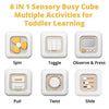 A set of six sensory busy cubes for toddler learning, including Spin, Toggle, Observe & Press, Pull, Twist, and Slide activit