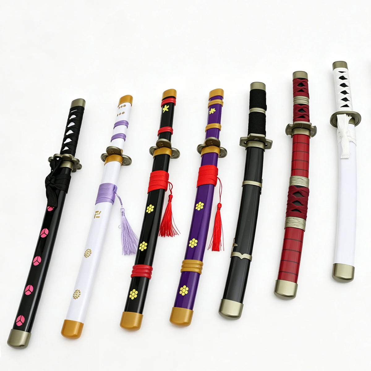 A collection of Roronoa Zoro Enma Katana cosplay swords in various colors and styles.