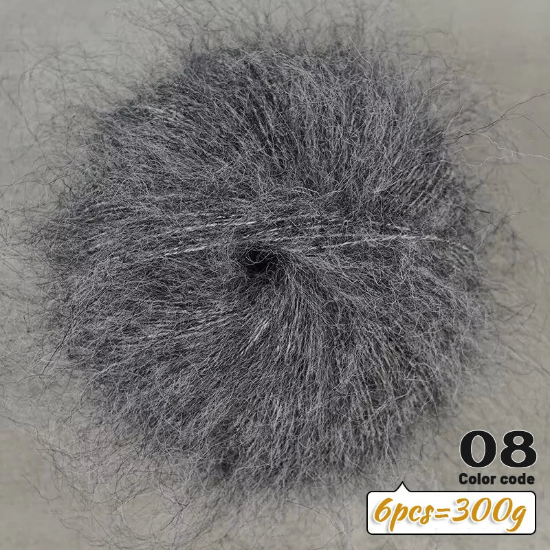 A spherical ball of gray long-haired alpaca blend yarn for knitting, labeled as color code 08.