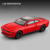 A red diecast model of a Dodge Challenger SRT Hellcat sports car shown in a side profile.