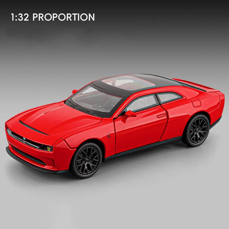 A red diecast model of a Dodge Challenger SRT Hellcat sports car shown in a side profile.