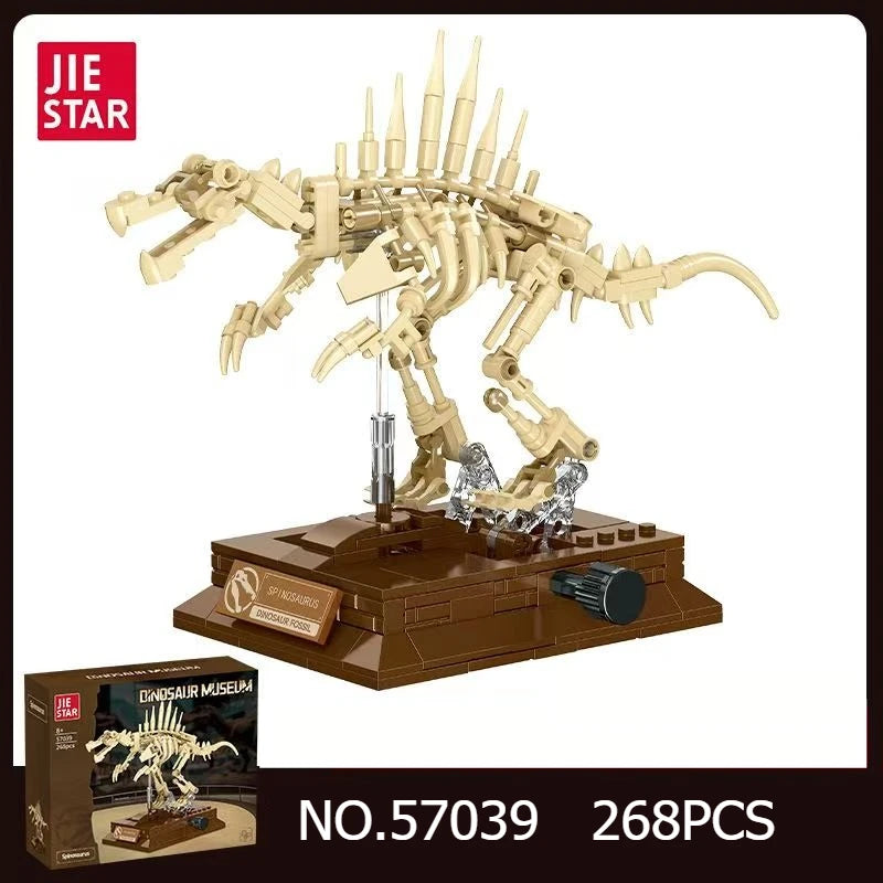 A model dinosaur skeleton built from building blocks, displayed on a brown base.