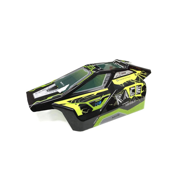 A black and neon yellow high-speed 1/16 scale 4WD RC racing car.