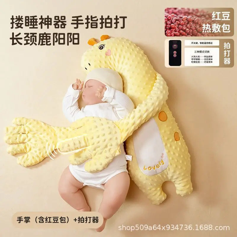 A yellow unicorn plush baby soothing pillow with a white hood and hands, shown against a light background.