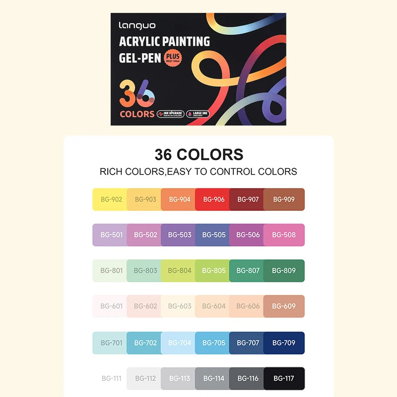 A set of 36 colored acrylic gel pens for drawing and journaling, displayed in a box.
