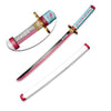 A replica Demon Slayer Tanjiro Katana sword with a bamboo handle and decorative wrapping.