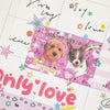 A collection of pink and purple star-themed stickers featuring cute dog illustrations and text like Happy Green and Only Love
