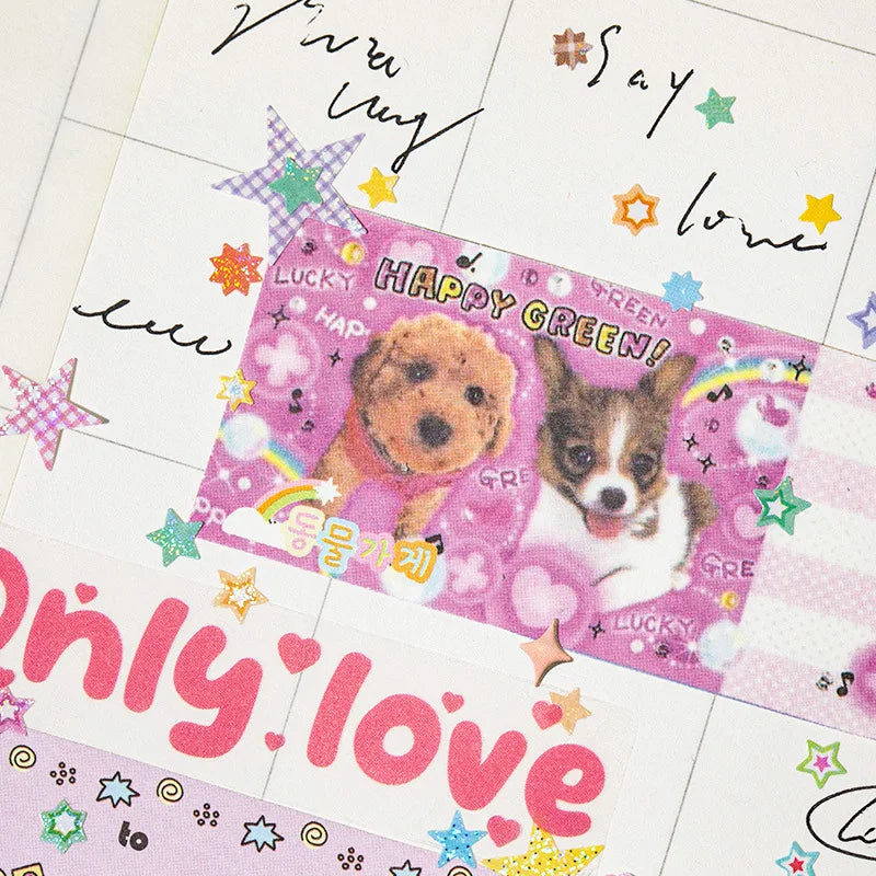 A collection of pink and purple star-themed stickers featuring cute dog illustrations and text like Happy Green and Only Love
