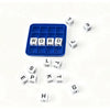 A blue plastic tray filled with white dice used for a word search game.