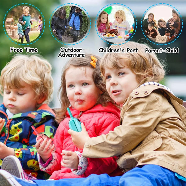 Three young children are shown in various activities including free time, outdoor adventure, children's port, and parent-chil