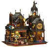 A detailed wooden 3D puzzle dollhouse kit depicting a magical city castle with intricate architecture and clockwork features.