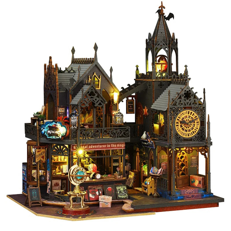 A detailed wooden 3D puzzle dollhouse kit depicting a magical city castle with intricate architecture and clockwork features.